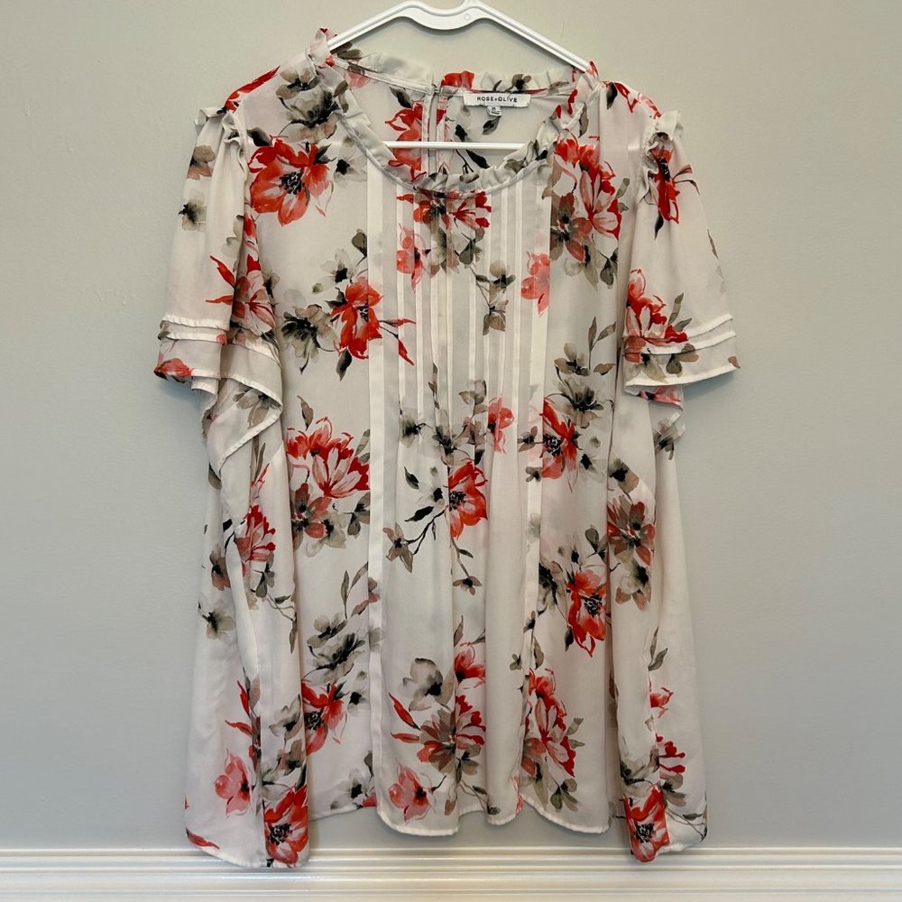 Rose+ Olive Plus Size Pink and White Floral Top Blouse Size 3X